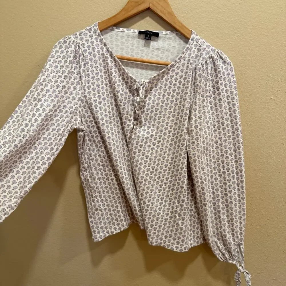 J. Crew White Purple Floral Cotton Tie Sleeve Blouse Tee Small